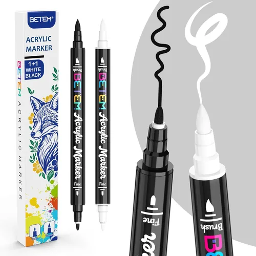 Vista 7 de Betem Bolígrafos de pintura acrílica negra, paquete de 2 marcadores acrílicos de doble punta, bolígrafos de pintura negra resistentes al agua