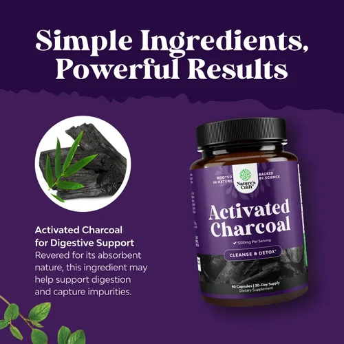 Vista 5 de Natures Craft Píldoras de carbón activado, desintoxicación y limpieza, cápsulas purificadoras de coco con 1200 mg por porción para aliviar