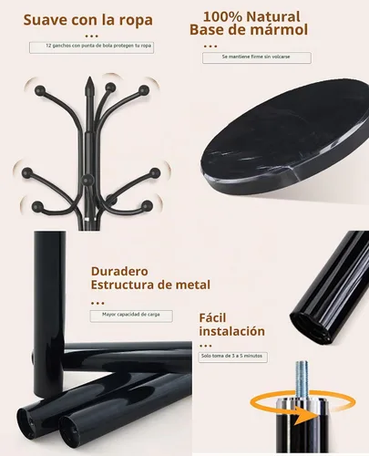 Vista 2 de Snaikor Perchero de metal independiente, soporte de perchero resistente con base de mármol natural, árbol de abrigos modernos en negro para colgar