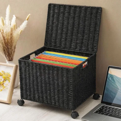 Vista 6 de Cinnvoice Archivador decorativo con ruedas de 14 x 12 x 11.5 pulgadas, organizador de mimbre para cartas y tamaño legal, cesta colgante tejida a