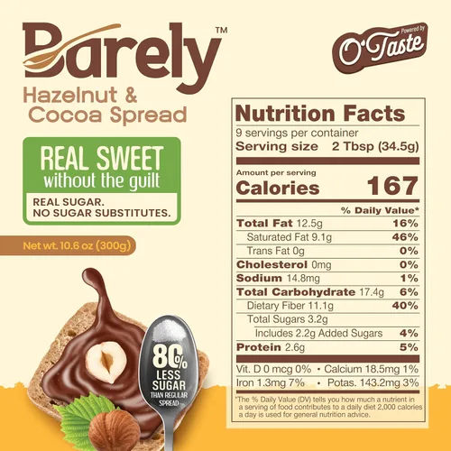 Vista 2 de Barely Crema de cacao con avellana, bajo en azúcar, vegano y keto Real sugar micromilled 10x sweeter — just 3.2g sugar per serving. Vegan