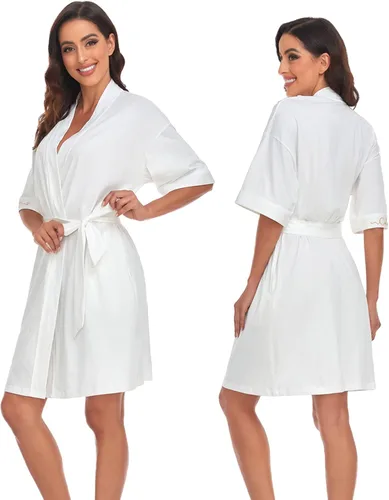Vista 154 de COLORFULLEAF Bata de baño de manga corta para mujer, 100% algodón, longitud hasta la rodilla, con bolsillos