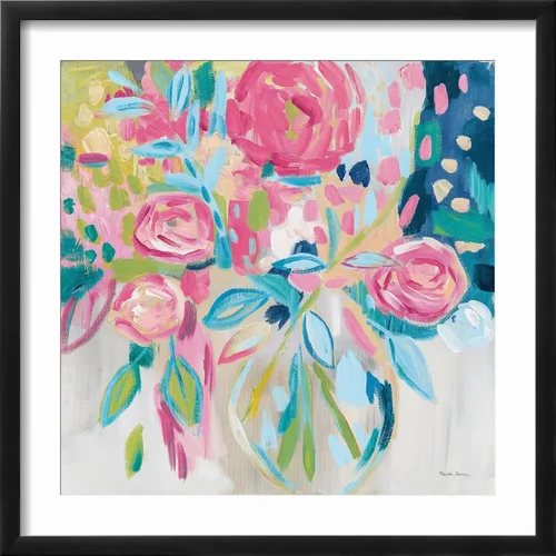 Vista 2 de ART.COM Farida Zaman - Lienzo enmarcado para pared, diseño floral rosa de verano, decoración botánica, 16 x 16 pulgadas, marco negro con paspartú