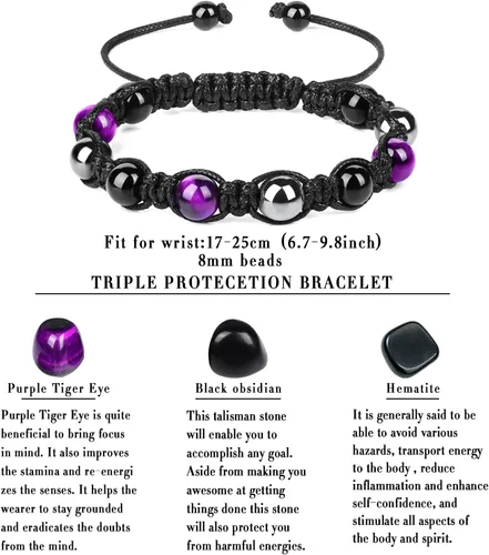 Vista 2 de Pulsera de triple protección, pulsera de cuentas de obsidiana negra y hematita genuina con ojo de tigre para hombres y mujeres, pulseras curativas