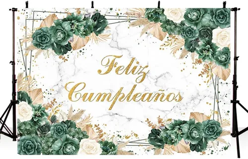 Vista 2 de MEHOFOND Telón de fondo bohemio de cumpleaños de 7 x 5 pies para niñas, fiesta mexicana, decoración de fiesta de feliz cumpleaños, fondo verde