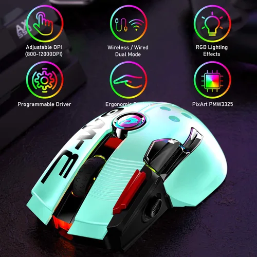 Vista 2 de Mouse inalámbrico para juegos, mouse de computadora de 12000 DPI con batería recargable de 1000 mAh, tipo C, retroiluminación RGB Chroma, 9 botones