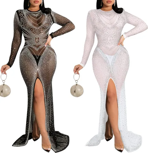 Vista 4 de PORRCEY Vestido de noche brillante de manga larga con diamantes de imitación para mujer, sexy, elegante, para club nocturno