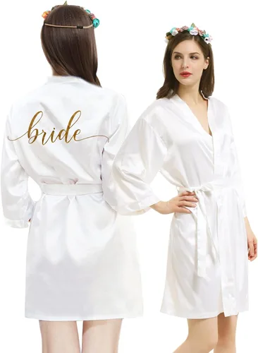 Vista 2 de Bata kimono de novia Satén Dama de honor Boda Fiesta Nupcial Mañana Seda Seda Bata para Mujer