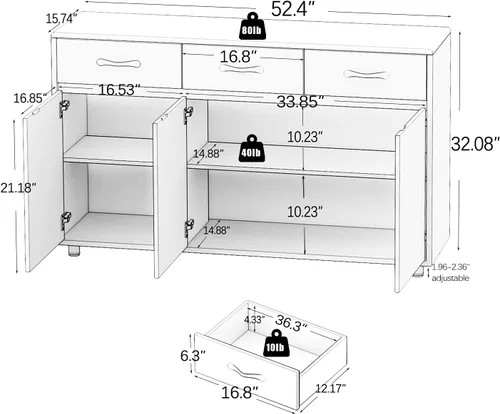 Vista 2 de DANGRUUT - Aparador de buffet moderno mejorado, mesa consola de cocina para el hogar para entrada con cajón y estante para sala de estar (blanco)