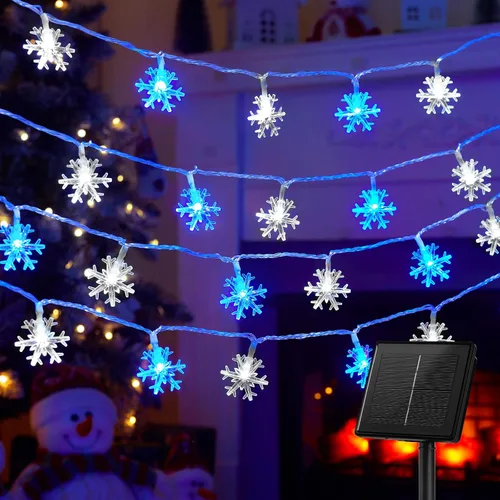 Vista 10 de Brightown Guirnalda de luces solares de copo de nieve de Navidad, 100 LED, 39 pies, impermeable, para exteriores, luces de hadas con 8 modos