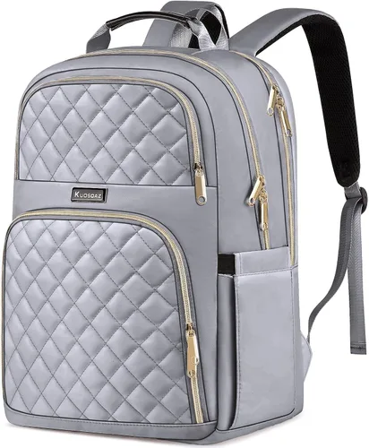 Vista 9 de Mochila Kuosdaz para Mujeres, Beige, 15,6 pulg. 15.6 Inch Cute Quilted Laptop Backpack, Large Bookbag for Middle School College Students, Beige