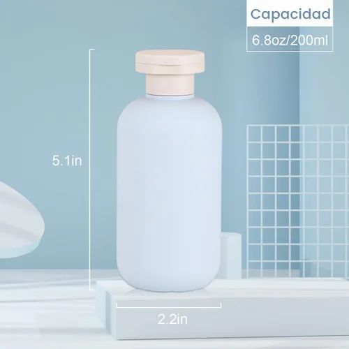Vista 2 de Botellas de champú de viaje de plástico de 6.8 onzas, botellas exprimibles recargables con tapa abatible para artículos de tocador, recipiente