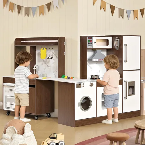 Vista 2 de Juego de cocina grande de esquina de madera, juego de cocina para niños con máquina de hielo, sonido y luz realistas, fregadero de juguetes con agua