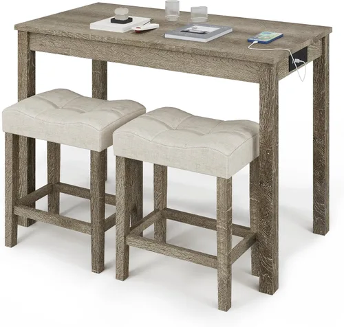 Vista 10 de allamazing Juego de Mesa de Bar de Altura de Mostrador de 3 Piezas con Enchufe y 2 Taburetes de Bar Acolchados de Tela, Juego de Mesa de Comedor 1+2