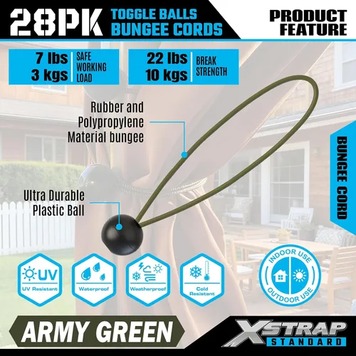 Vista 4 de XSTRAP STANDARD Paquete de 28 cuerdas elásticas resistentes de 9 pulgadas, bolas elásticas de lona para toldo, tienda de campaña, carga, cables