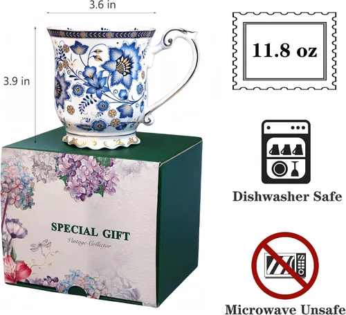 Vista 2 de Taza de café vintage con estampado de flores en relieve, taza de café retro de porcelana de alta calidad de 11.8 onzas para café, té, leche, Azul