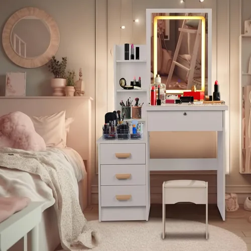 Vista 4 de Escritorio de tocador con espejo iluminado LED, mesa de tocador de maquillaje con 4 cajones para dormitorio, baño, tocador con luces, tocador