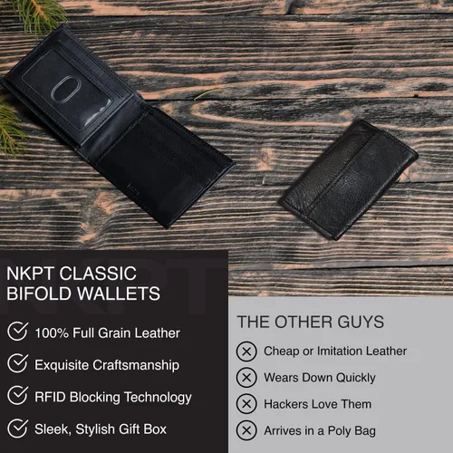 Vista 3 de NKPT Billetera plegable de cuero RFID premium para hombre Cuero de grano completo, protección RFID, Negro -, Minimalista