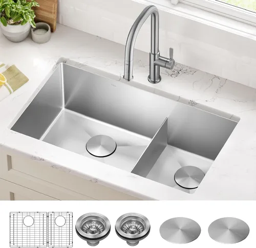 Vista 2 de Kraus Fregaderos de cocina de montaje inferior, fregadero de cocina de acero inoxidable de 32 pulgadas, cuenco doble 60/40, calibre 16