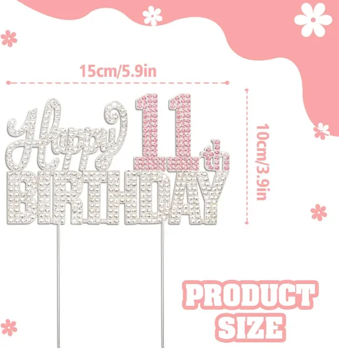 Vista 2 de Decoración de pastel de diamantes de imitación rosa y plateado con texto en inglés "Cheers to 11 Years Old Eleven Bday" de metal brillante