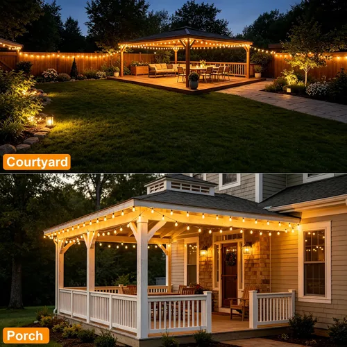 Vista 9 de Guirnalda de luces para exteriores de 25 pies, luces impermeables para patio con bombillas Edison ST38 vintage inastillables, luces colgantes