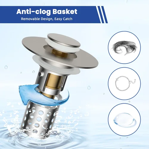 Vista 2 de Colador universal para desagüe de lavabo de baño atrapa cabellos, 2 piezas mejoradas con cesta de filtro de acero inoxidable extraíble, tapón