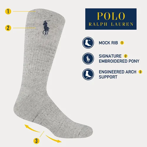 Vista 2 de POLO RALPH LAUREN Men's Classic Embroidery Big Pony Crew Socks-3 Pair Pack-Casual Mock Rib & Engineered Arch Support