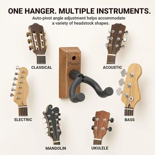 Vista 6 de Soporte de pared para guitarra, paquete de 3 con soporte para púas y 6 púas de celuloide, colgador de guitarra de madera de nogal en forma de U