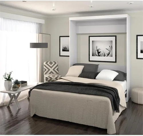 Vista 8 de Pemberly Row Cama de pared de doble montaje tamaño Queen con listones de madera en madera, en blanco, no necesita somier, fácil montaje