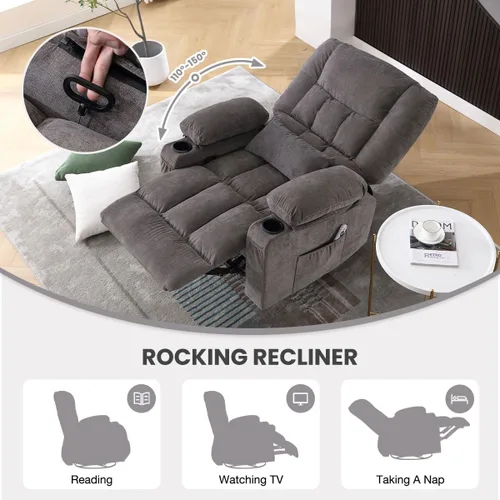 Vista 3 de BOSMILLER Silla reclinable de gran tamaño para adultos con masaje por vibración y calefacción lumbar, mecedora giratoria con soporte para tazas