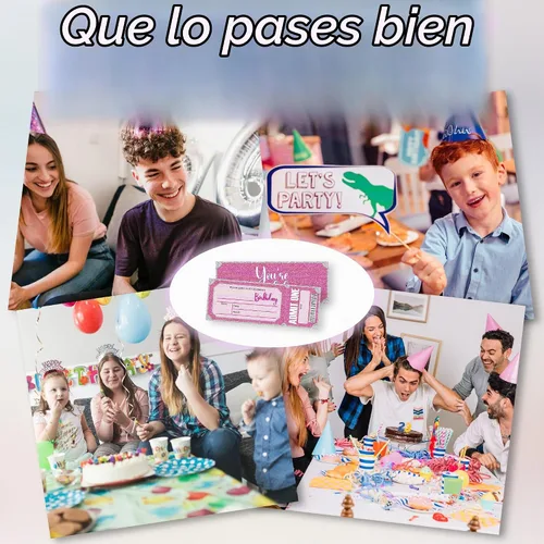 Vista 4 de Invitaciones de cumpleaños de 3 x 8 pulgadas – 20 tarjetas de invitación con purpurina rosa con 20 sobres – Boletos VIP estilo relleno de doble cara