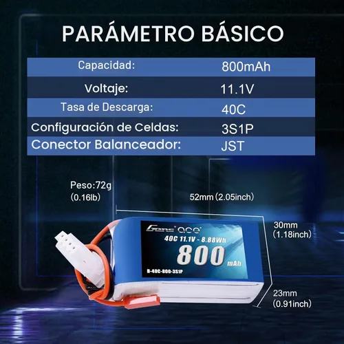Vista 2 de Gens ace 3S 800mAh 11.1V 40C LiPo Batería con JST Plug para 200 250 Heli 31.496 in Warbirds Eflite Blade CP CP Pro Helicóptero Comparar con E-flite