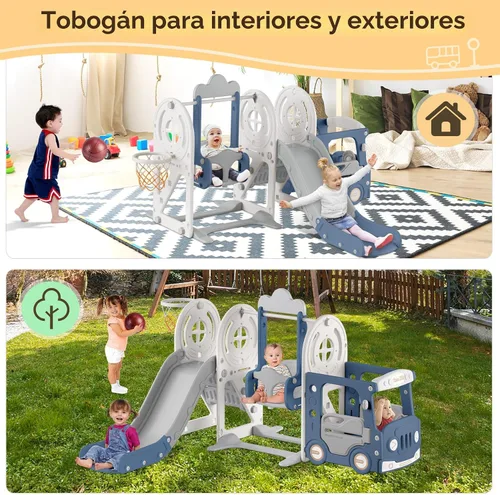 Vista 6 de BIERUM Tobogán para niños pequeños de 1 a 3 años con aro de baloncesto y columpio, tobogán de bebé para niños, regalo ideal, parque