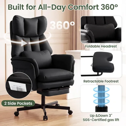 Vista 6 de Silla cruzada con reposapiés, silla de oficina grande y alta con brazos Cuero Pu Negro