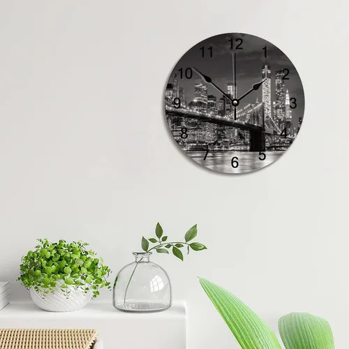 Vista 3 de Brooklyn Bridge - Reloj de pared iluminado con diseño de horizonte de la ciudad de Nueva York, 10 pulgadas, funciona con pilas, reloj de pared