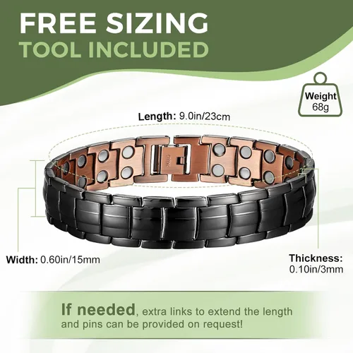 Vista 3 de MagEnergy Pulsera de cobre para hombre, 99.9% de cobre puro, pulsera magnética con imanes de doble fila, caja de joyería ajustable para la salud
