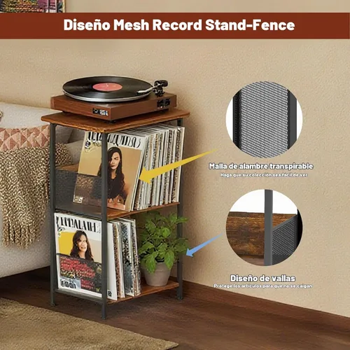Vista 7 de Soporte para tocadiscos, soporte para discos de vinilo de 3 niveles, soporte giratorio con 2 separadores y 4 pies ajustables, mesa para tocadiscos