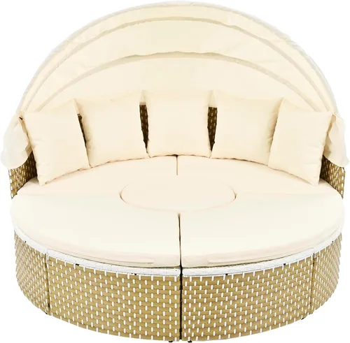 Vista 8 de KEVINSPACE Sofá cama para patio al aire libre con toldo retráctil, cojines lavables, muebles redondos de mimbre para exteriores, sofá modular de 65