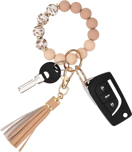 Vista 14 de BAOSIWA Pulsera de cuentas de silicona, llavero de pulsera, cadena para mujer, con borla de cuero Negro