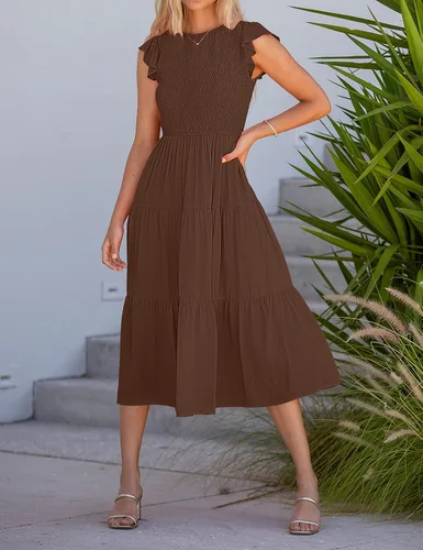 Vista 8 de MEROKEETY - Vestido midi fruncido de manga corta para mujer, vestido de verano casual, acampanado, con cintura elástica y escalonado