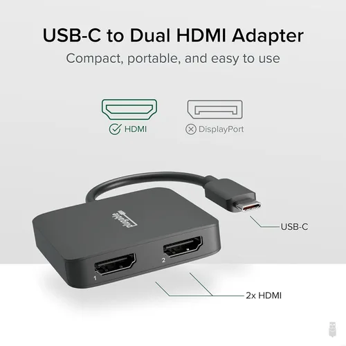 Vista 2 de Plugable Adaptador USB C a HDMI para monitores duales 4K 60Hz, compatible con Windows, Chromebook, USBC Thunderbolt USB4, MST Extended Display Type