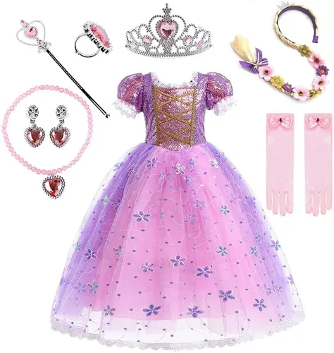 Vista 2 de TPMG Disfraz de princesa Rapunzel para niñas de 3 a 10 años, ropa de disfraces de Halloween para niños, juego de simulación, cumpleaños