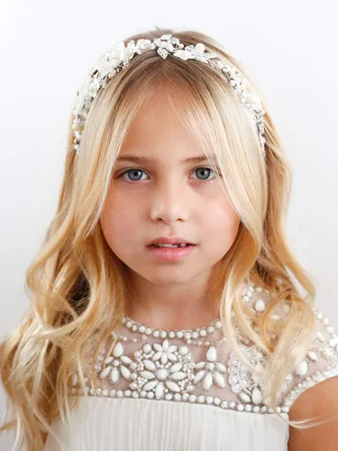 Vista 2 de SWEETV Diadema de boda con flores de tul marfil para niñas, accesorios