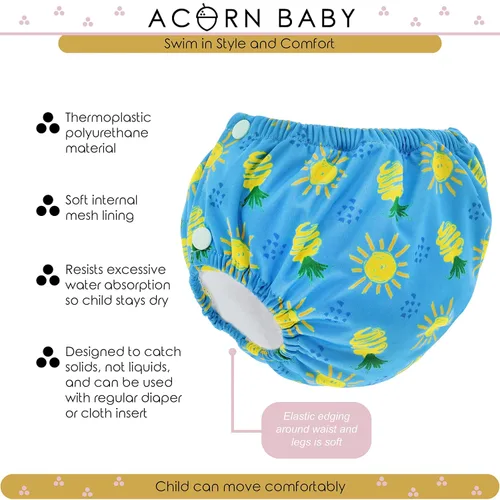Vista 2 de Pañal de natación ajustable para niños pequeños, tamaño 5 y 6, color azul, con piña, reutilizable