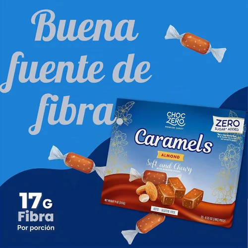 Vista 5 de ChocZero Caramelos de almendras sin azúcar, almendras tostadas, suaves y masticables, 9 onzas Caramelo cetogénico, sin alcoholes de azúcar, bajo