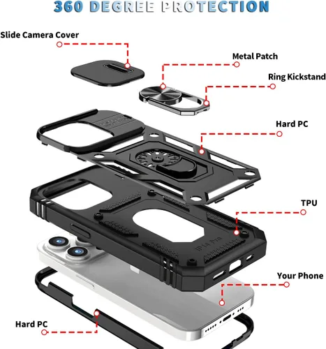 Vista 4 de Fetrim Funda para iPhone 14 Pro Max, Funda de teléfono con soporte de anillo de rotación para Apple iPhone 14 Pro Max - Negro