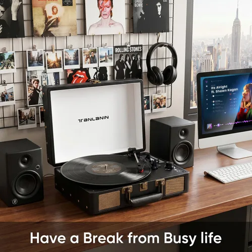Vista 13 de Reproductor de discos de vinilo con altavoces integrados, tocadiscos de entrada Bluetooth de 3 velocidades, grabación y reproducción USB/TF