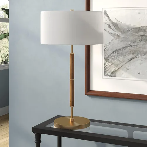 Vista 2 de Henn&Hart Lámpara de mesa moderna de 2 tonos de 25 pulgadas con pantalla de tambor de tela blanca para sala de estar, dormitorio u oficina, roble