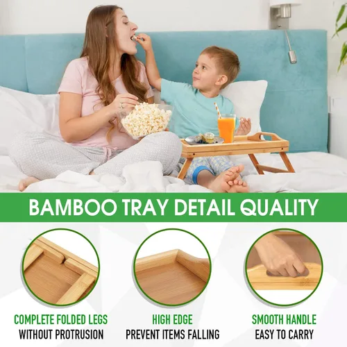 Vista 4 de Artmeer Mesa Bandeja de Cama con Patas Plegables, Bandeja de Desayuno de Bambú con Asas Ideal para Sofá, Cama, Comer, Trabajar, Usada Como