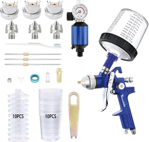 Vista 10 de HVLP - Pistola pulverizadora de pintura automotriz, pulverizador de pintura de aire de 0.05/0.06 pulgadas con regulador de aire, 6 coladores